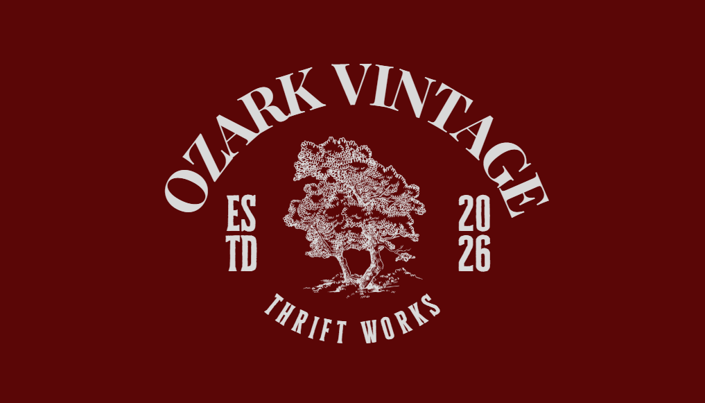 Ozark Vintage Thrift Works seal: a tree framed by the words Ozark Vintage Thrift Works, established 2026